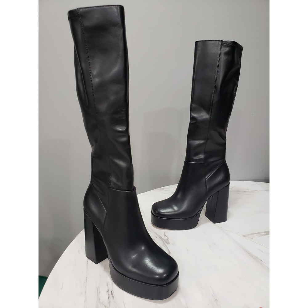 NEW NO BOX SZ 8.5 ALDO Albie knee high gogo boots block heel platform tall black